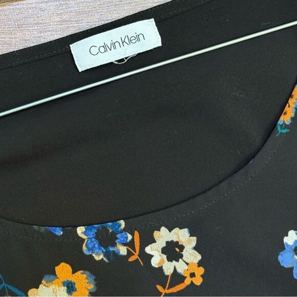 CALVIN KLEIN Women's Chiffon Floral Print Short Sleeve Top  Sz L *READ* - Picture 3 of 8
